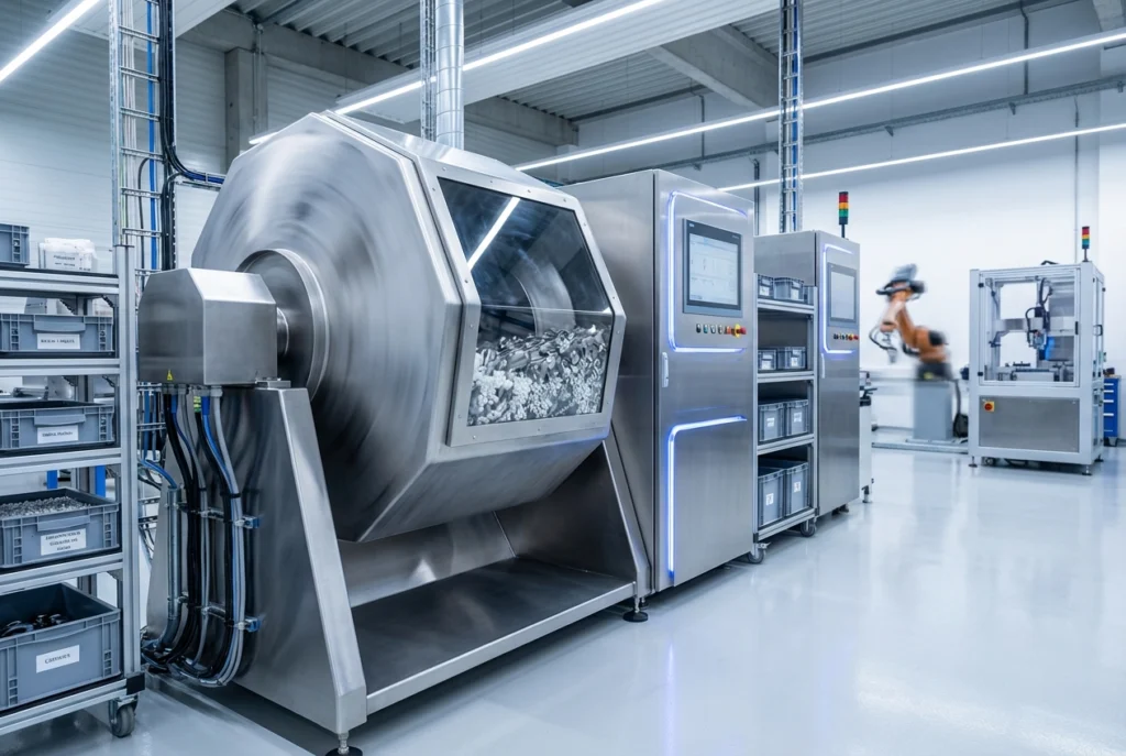 バレル研磨機が稼働する工場の様子