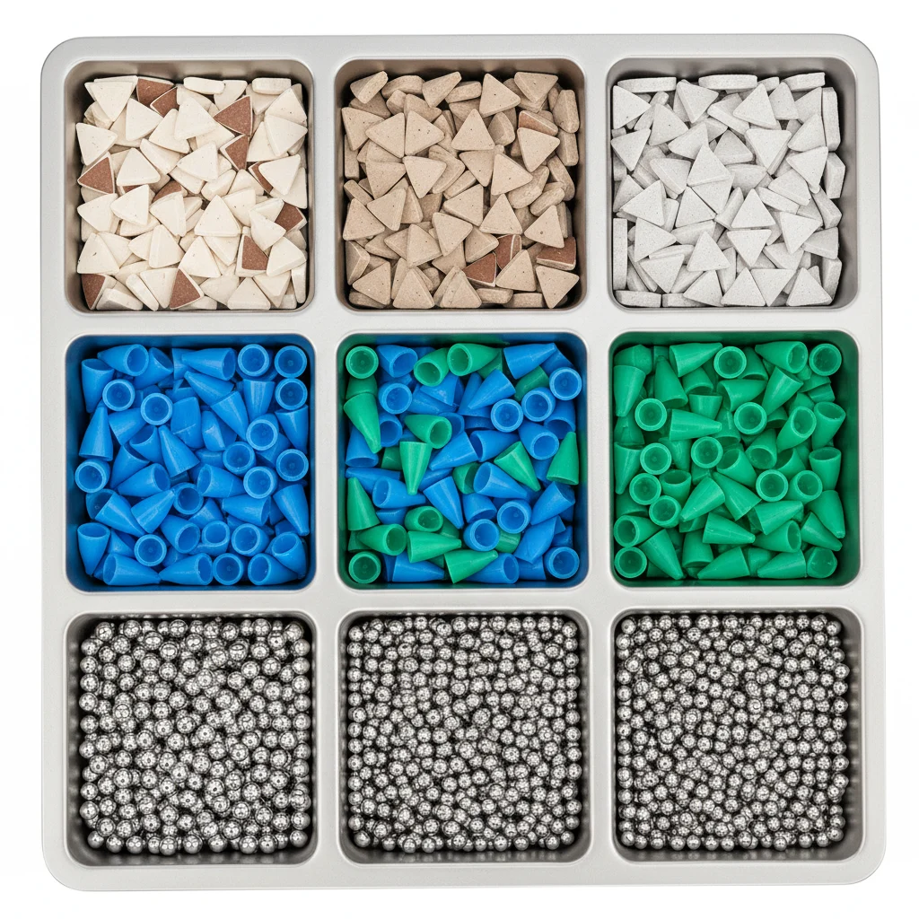 様々な色と形の研磨メディアが種類別に並んでいる様子