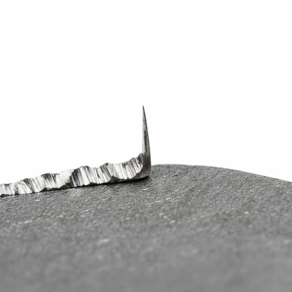 プレス加工後の金属部品に残るバリの拡大写真