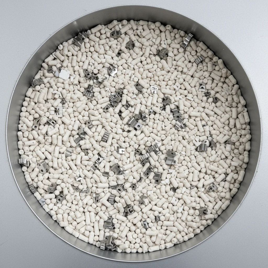 バレル研磨機の槽内にメディアと金属部品が入っている様子