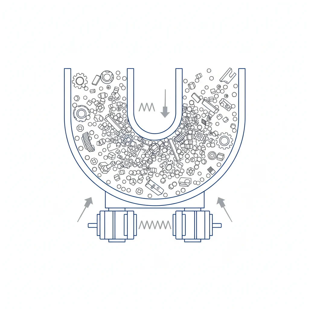 振動バレル研磨の仕組みを示す断面イラスト