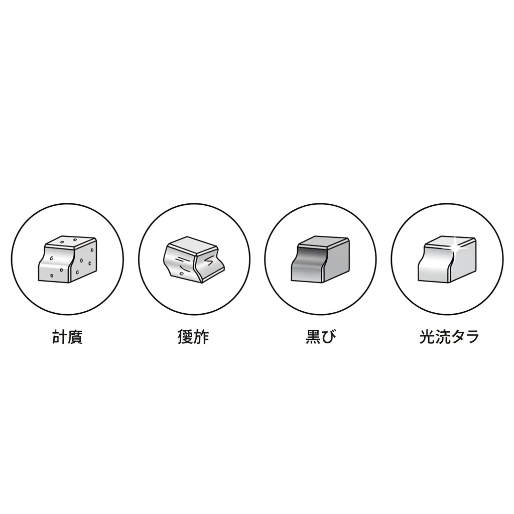 バレル研磨のトラブル事例（打痕・変形・黒ずみ・光沢ムラ）を示すイラスト