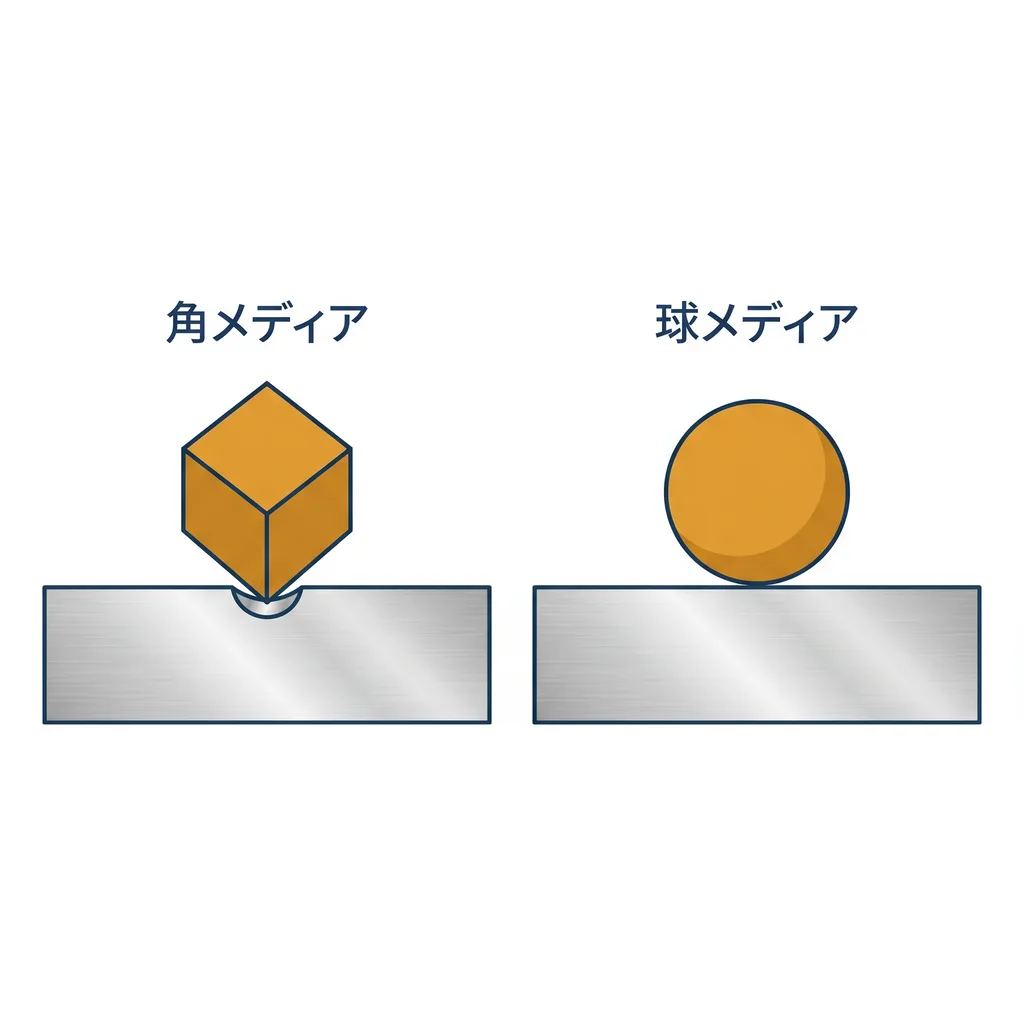 軟らかいアルミに角メディアが点で当たり打痕が出るのに対し球メディアは面で当たる比較図
