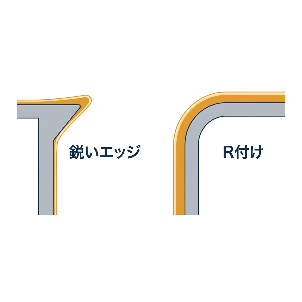 鋭いエッジはめっき膜が薄くなりやすいが、R付けすると膜が均一に付き回るという比較図