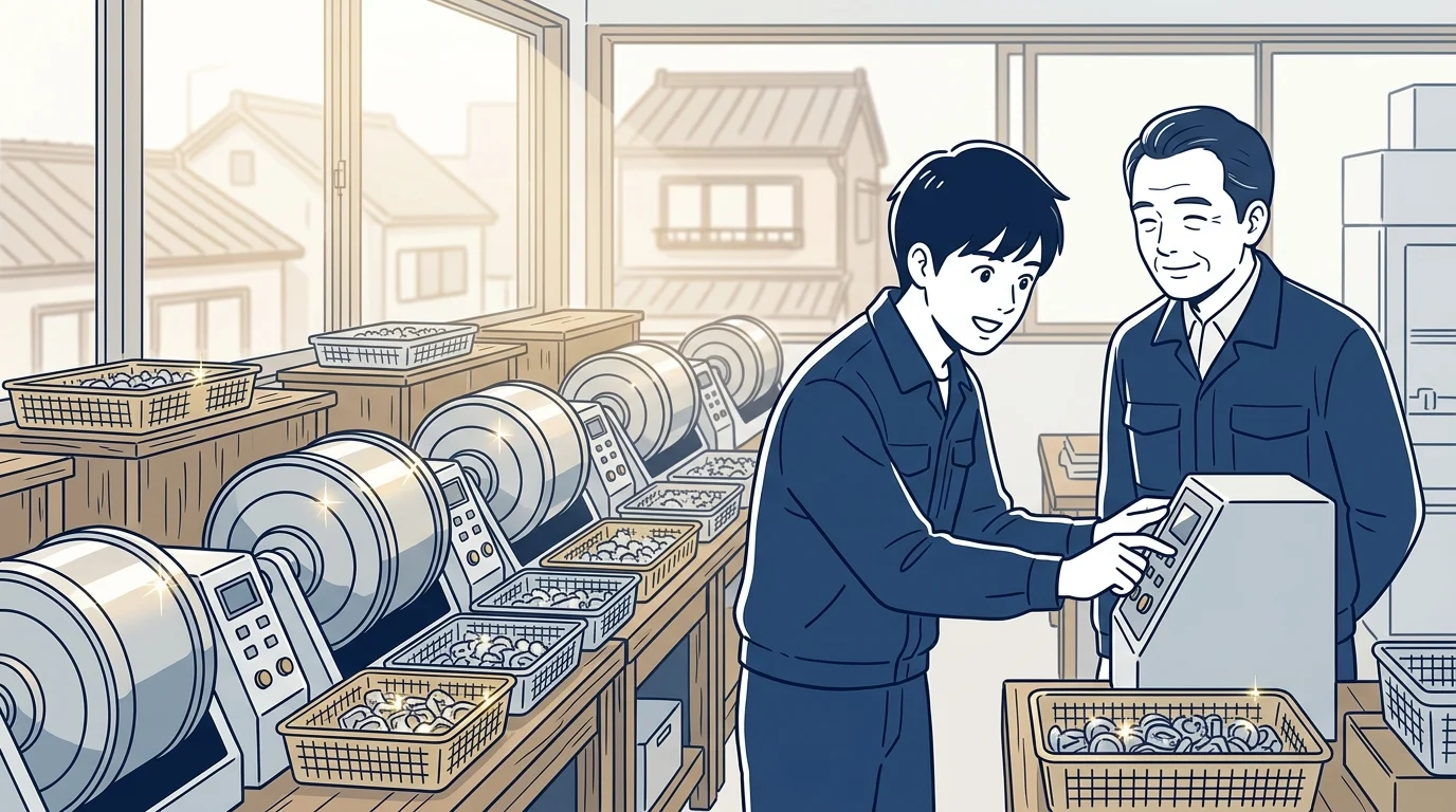 下町の工場でバレル研磨機を前に働く若手とベテラン社員のイラスト