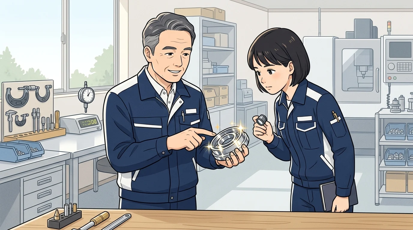 研磨後の部品を手に若手社員へ指導する先輩社員のイラスト